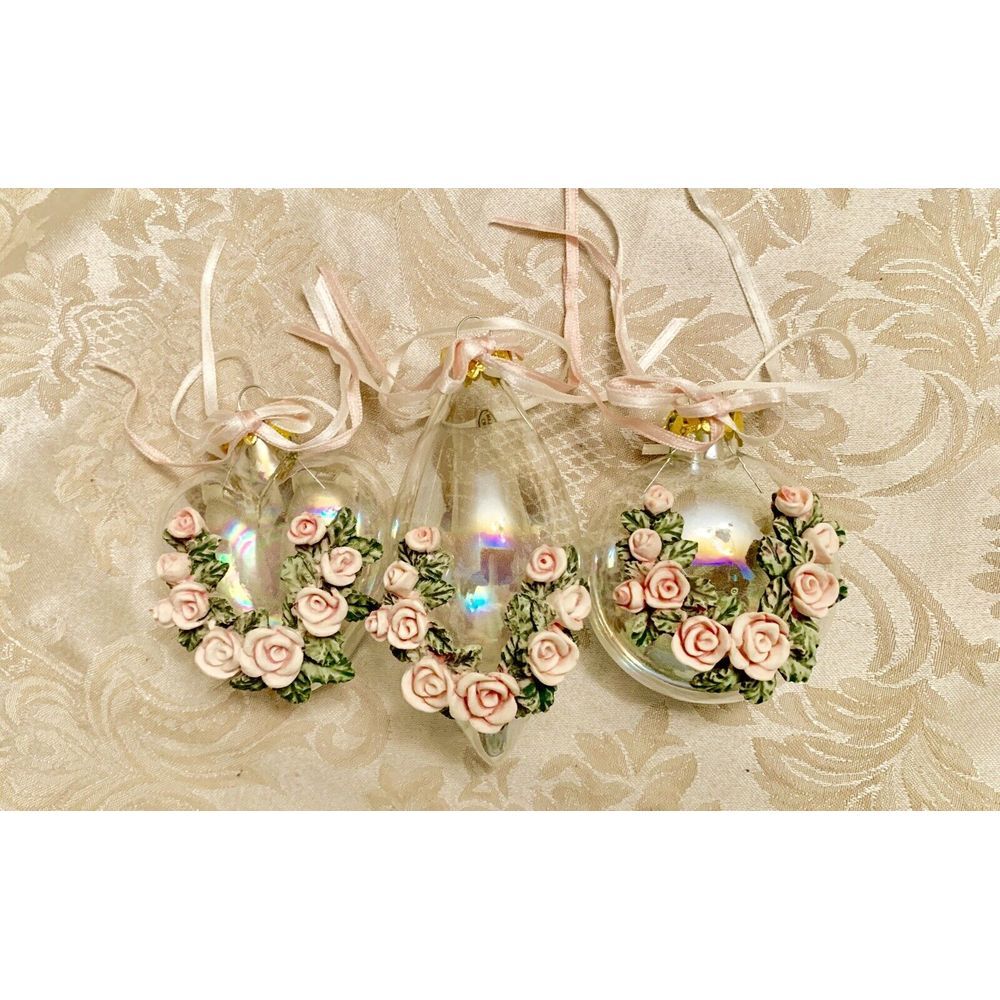 Beautiful Lot Of 3 Vintage Glass Bulbs Rose Applique Design Christmas Ornament